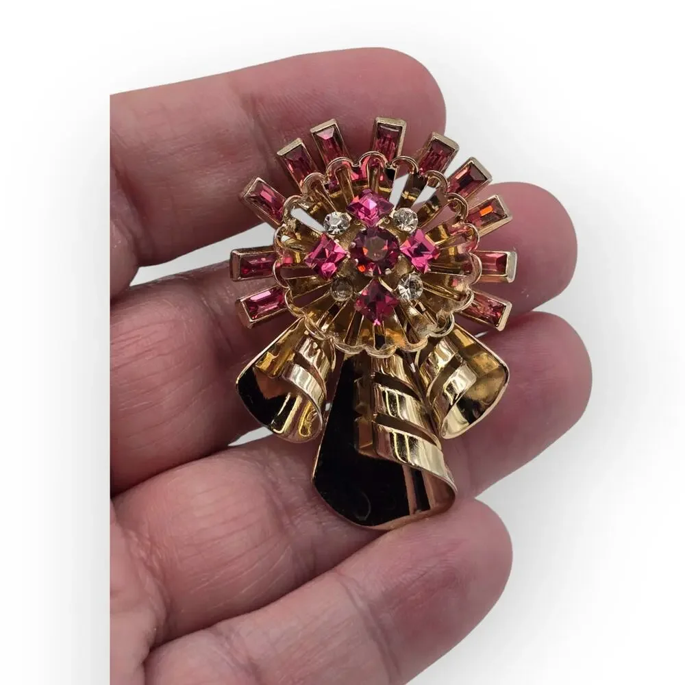 Pink Rhinestone Ribbon Bow Brooch Pendant Gold Tone Vintage Mid-Century Glamour